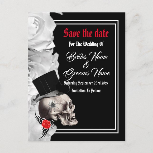 Gothic biker or rock black wedding save the date announcement postcard (Front)