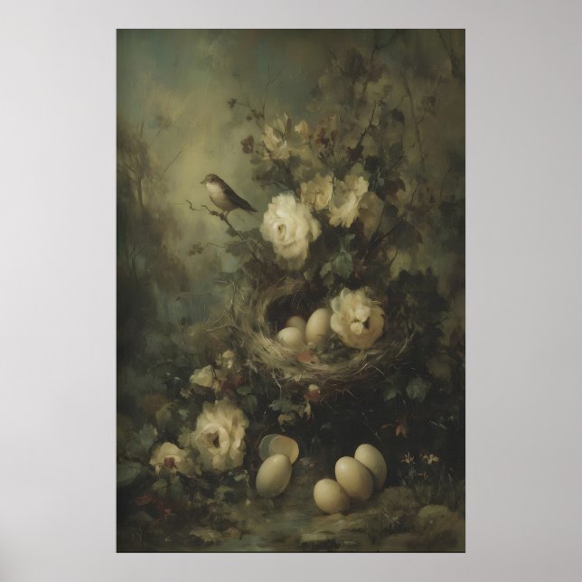 Gothic Bird Nest and Roses Oil Painting, Dark Poster (Front)