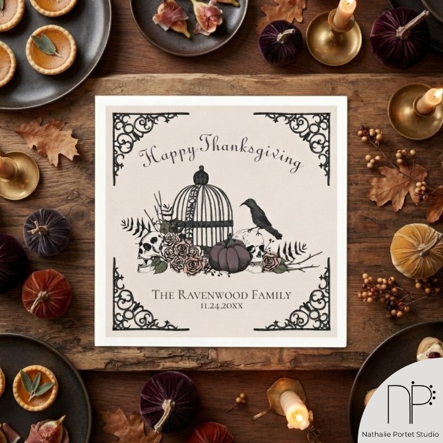 Gothic Birdcage Thanksgiving Napkin (This gothic thanksgiving napkin features hand-drawn birdcages and skulls for elegant fall dinners.)