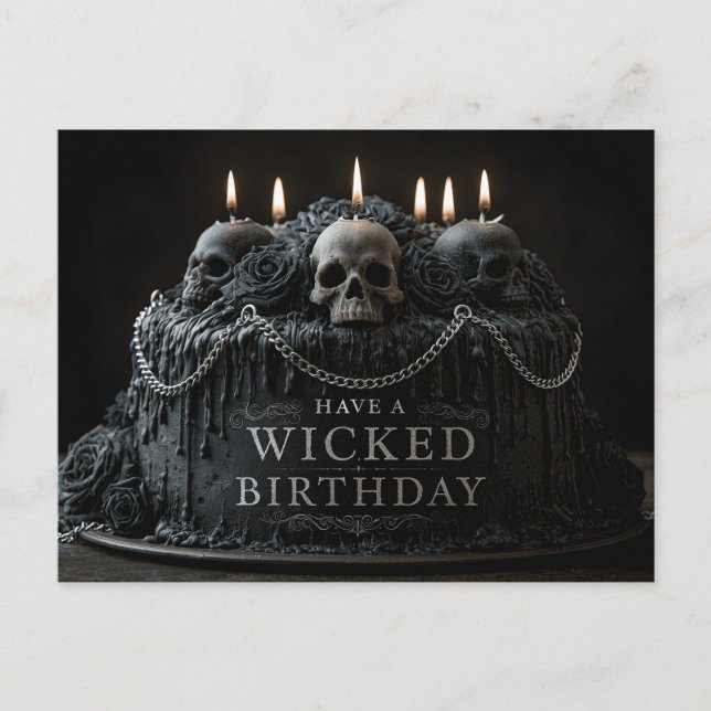 Gothic Birthday Cake with Skulls and Greeting Postcard (Front)