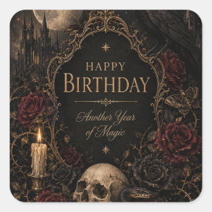 Gothic Birthday Card, Dark Floral, Moths, Roses Square Sticker
