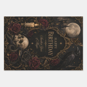 Gothic Birthday Card, Dark Floral, Moths, Roses Wrapping Paper Sheet