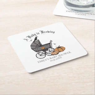 Gothic Black A Baby is Brewing Fall Baby Shower Square Paper Coaster