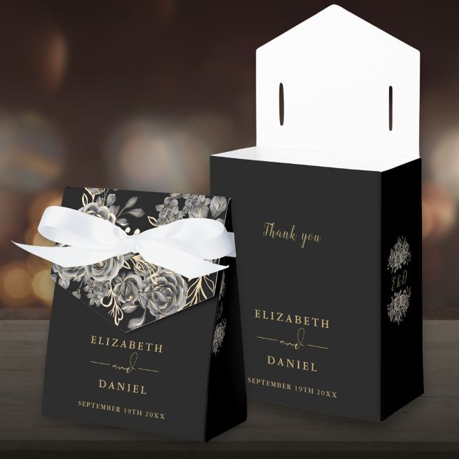 Gothic Black And Gold Floral Monogram Wedding Favour Box (Gothic Black And Gold Floral Monogram Wedding Favor Box)