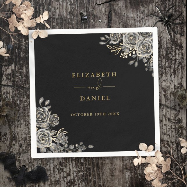 Gothic Black And Gold Roses Floral Wedding Napkin (Gothic Black And Gold Roses Floral Wedding Napkins)