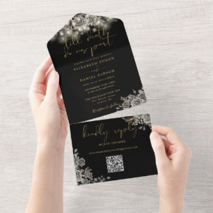 Gothic Black And Gold Roses Lights QR Code Wedding All In One Invitation