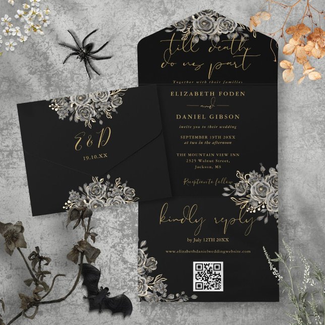 Gothic Black And Gold Roses QR Code Wedding All In One Invitation (Gothic Black And Gold Roses QR Code Wedding All In One Invitation)