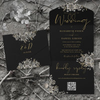 Gothic Black And Gold Roses QR Code Wedding