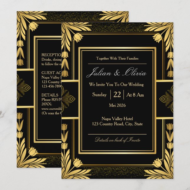 Gothic Black and Gold Wedding Invitation (Front/Back)