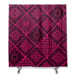 Gothic Black and Neon Pink Faux Lace Quilt Shower Curtain
