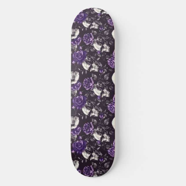 Gothic Black and Purple Skulls Roses Skateboard (Front)