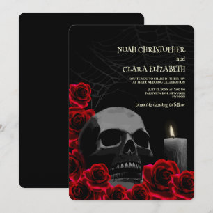 Gothic Black and Red Halloween Skull red roses Invitation