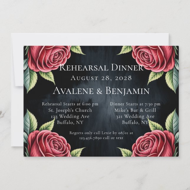 Gothic Black and Red Roses Rehearsal Dinner Invitation (Front)