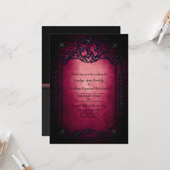 Gothic Black and Ruby Wedding Invitation (Front/Back In Situ)