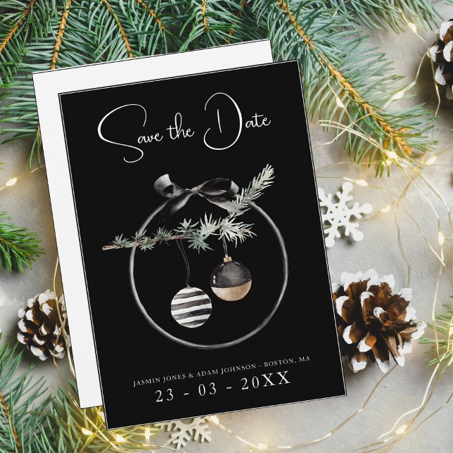 Gothic Black and White Christmas Baubles Wedding Save The Date (Creator Uploaded)