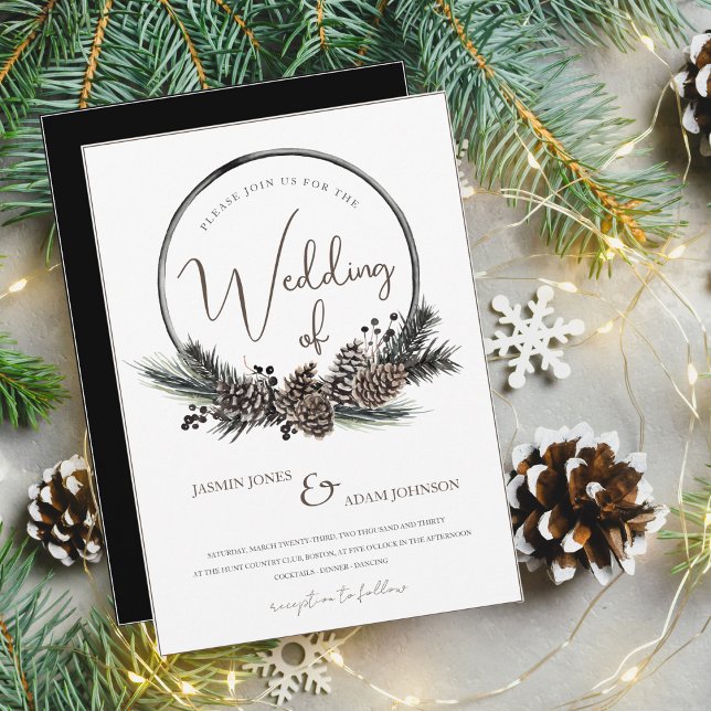 Gothic Black and White Christmas Wreath Wedding Invitation (Creator Uploaded)