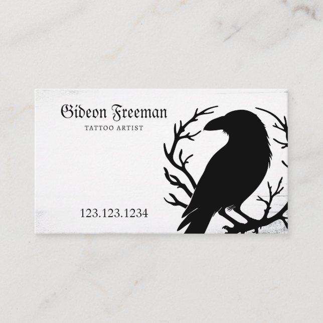 Gothic Black and White Crow Silhouette Tattoo Business Card (Front)