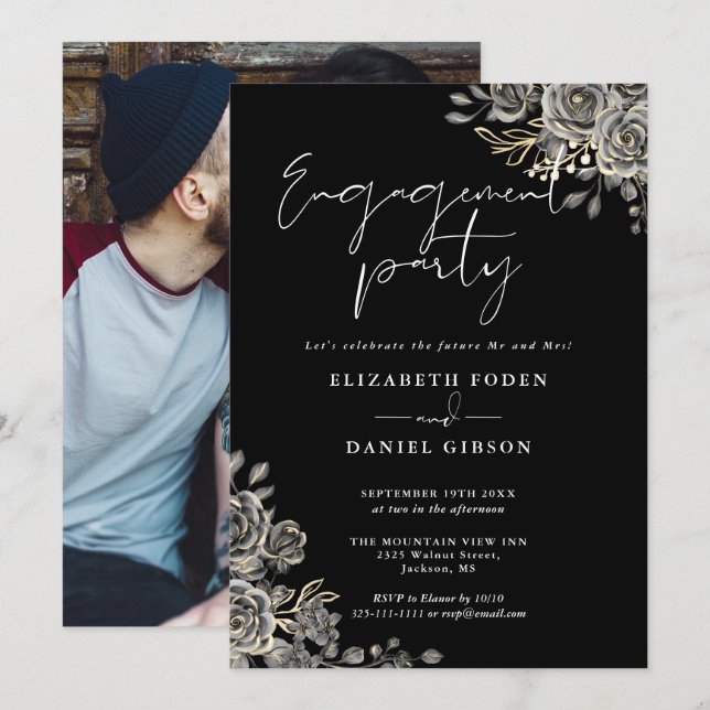 Gothic Black And White Photo Engagement Party Invitation (Front/Back)