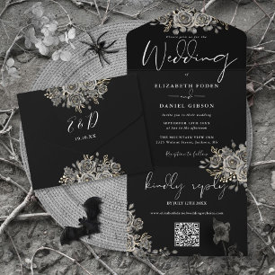 Gothic Black And White Roses QR Code Wedding All In One Invitation