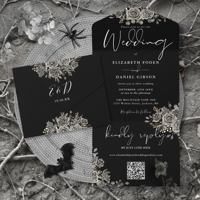 Gothic Black And White Roses QR Code Wedding All In One Invitation (Gothic Black And White Roses QR Code Wedding All In One Invitation)