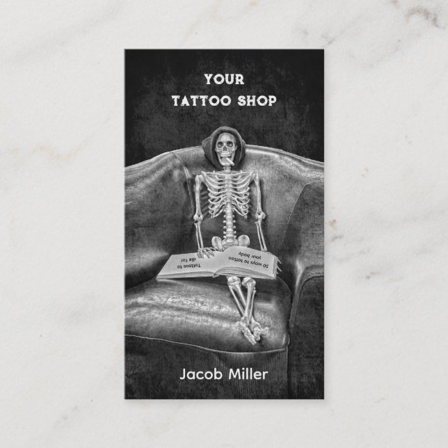 Gothic Black And White Skeleton Tattoo Shop Business Card (Front)