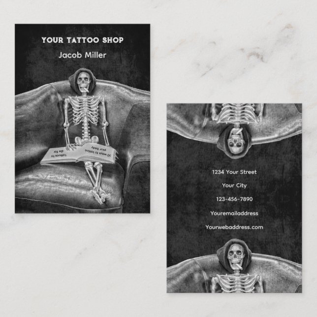 Gothic Black And White Skeleton Tattoo Shop Business Card (Front/Back)