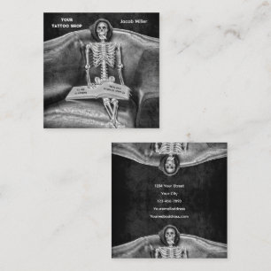 Gothic Black And White Skeleton Tattoo Shop Square Business Card