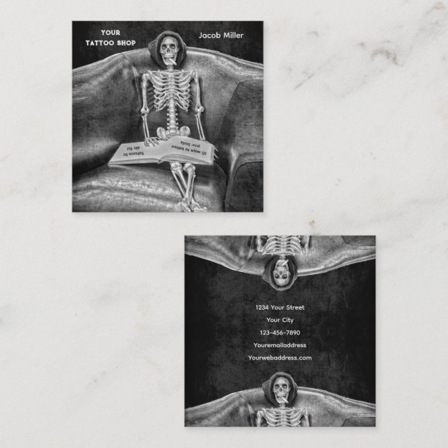 Gothic Black And White Skeleton Tattoo Shop Square Business Card (Front/Back)