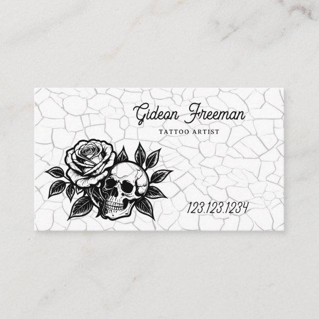Gothic Black and White Skull Tattoo Shop Business Card (Front)