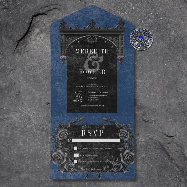 Gothic Black Arch & Black Roses Blue No Dinner All In One Invitation (Gothic Black Arch & Black Roses Blue No Dinner All In One Invitation)