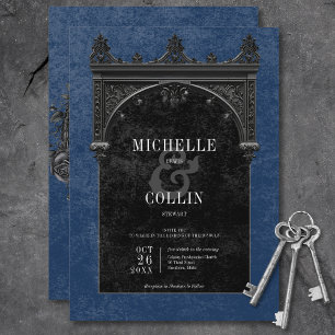Gothic Black Arch & Black Roses Blue Wedding Invitation