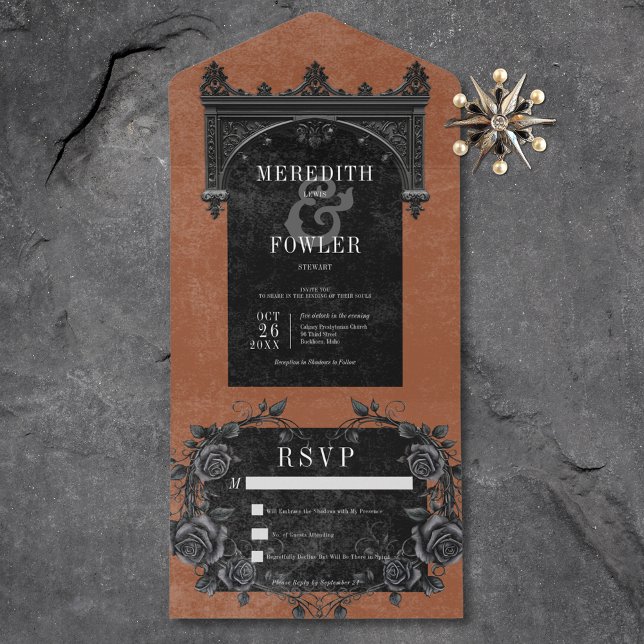 Gothic Black Arch & Black Roses Rust No Dinner All In One Invitation (Gothic Black Arch & Black Roses Rust No Dinner All In One Invitation)