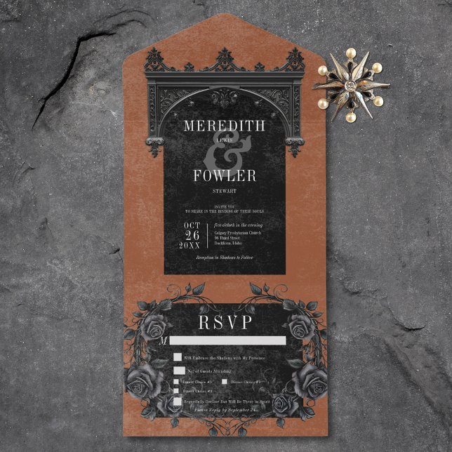 Gothic Black Arch & Black Roses Rust Three Dinner All In One Invitation (Gothic Black Arch & Black Roses Rust Three Dinner All In One Invitation)