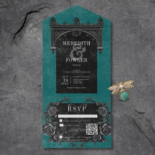 Gothic Black Arch & Black Roses Teal QR Code All In One Invitation