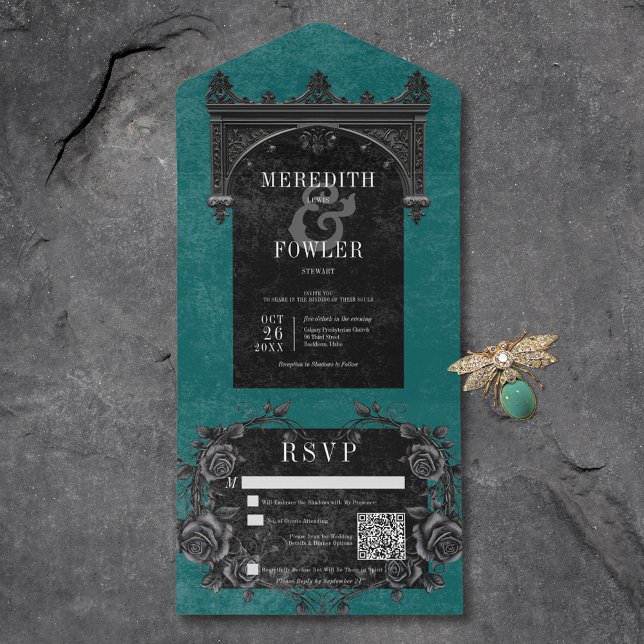 Gothic Black Arch & Black Roses Teal QR Code All In One Invitation (Gothic Black Arch & Black Roses Teal QR Code All In One Invitation)