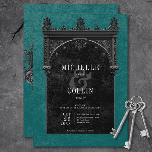 Gothic Black Arch & Black Roses Teal Wedding Invitation