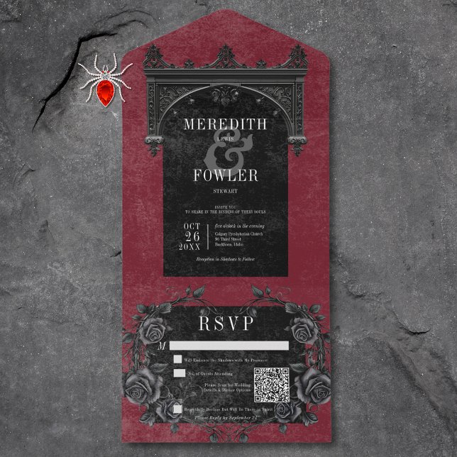 Gothic Black Arch & Black Roses Wine QR Code All In One Invitation (Gothic Black Arch & Black Roses Wine QR Code All In One Invitation)