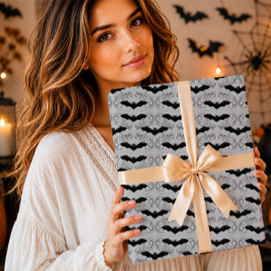 Gothic Black Bat Silver Grey Damask Halloween Wrapping Paper