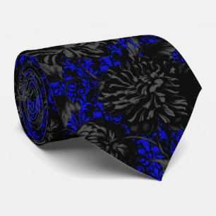 Gothic Black & Blue Damask Floral Wedding Neck Tie