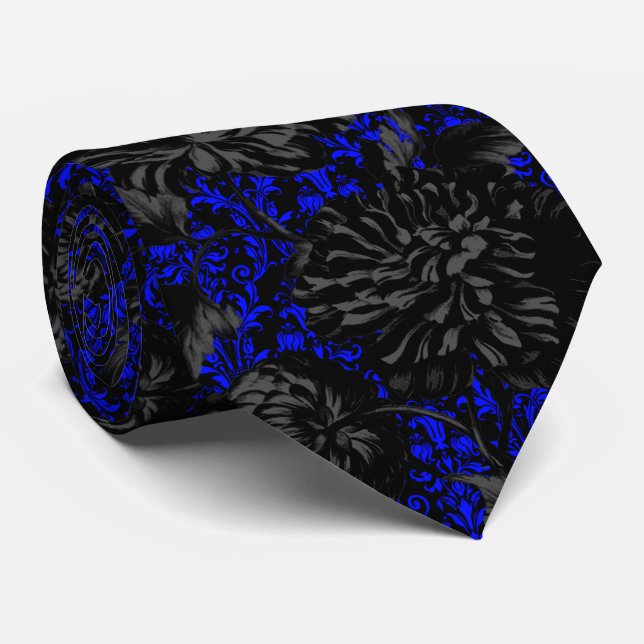 Gothic Black & Blue Damask Floral Wedding Neck Tie (Rolled)