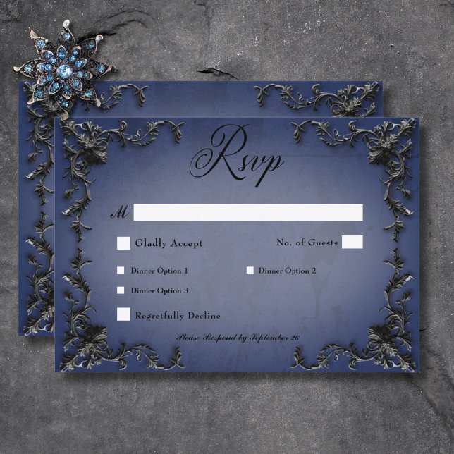 Gothic Black & Blue Filigree Heart Dinner RSVP Card (Gothic Black & Blue Filigree Heart Dinner RSVP Card)