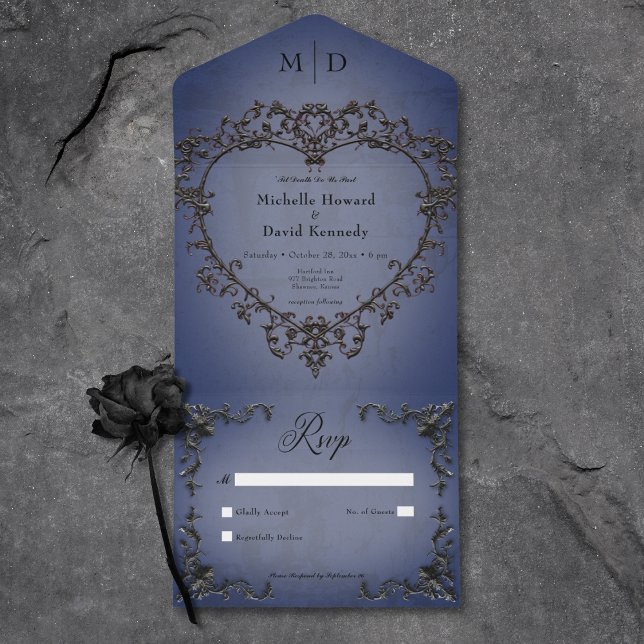 Gothic Black & Blue Filigree Heart No Dinner All In One Invitation (Gothic Black & Blue Filigree Heart No Dinner All In One Invitation)