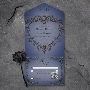 Gothic Black & Blue Filigree Heart QR Code All In One Invitation