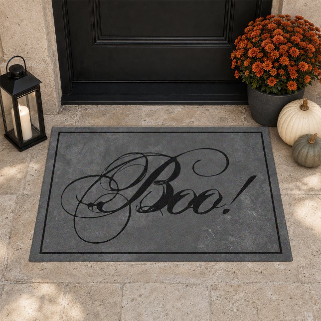 Gothic Black Boo Halloween Doormat (Moody Halloween Entry Rug)