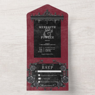 Gothic Black Border 3 & Black Roses Wine No Dinner All In One Invitation