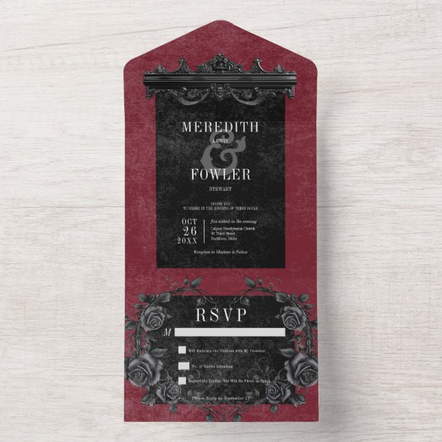 Gothic Black Border 4 & Black Roses Wine No Dinner All In One Invitation (Inside)
