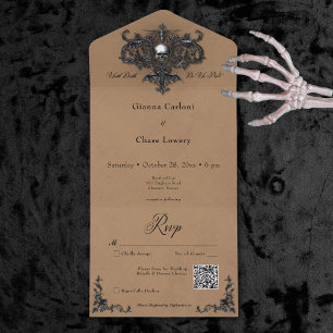 Gothic Black & Brown Halloween Filigree QR Code All In One Invitation