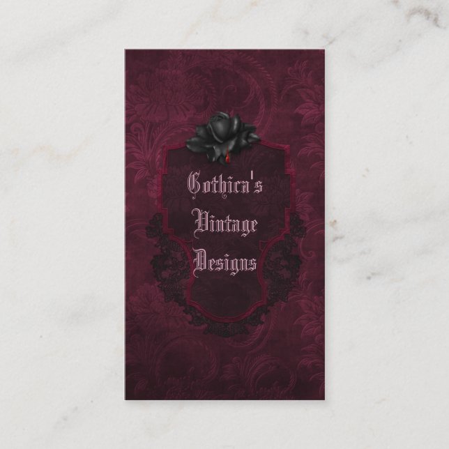 Gothic Black Burgundy Damask Blood Rose Business Card (Front)