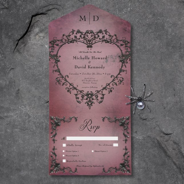 Gothic Black & Burgundy Filigree Heart Dinner All In One Invitation (Gothic Black & Burgundy Filigree Heart Dinner All In One Invitation)