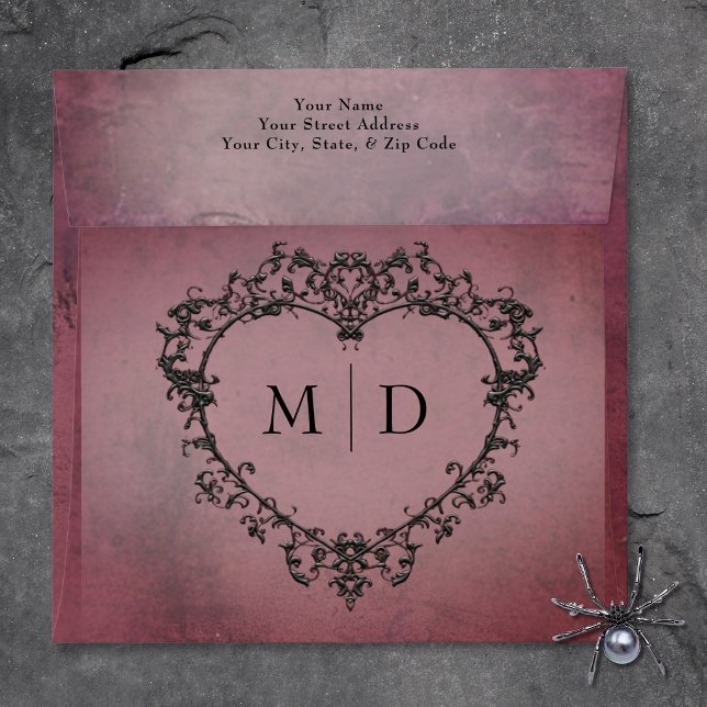 Gothic Black & Burgundy Filigree Heart Wedding Envelope (Gothic Black & Burgundy Filigree Heart Wedding Invitation Envelope)